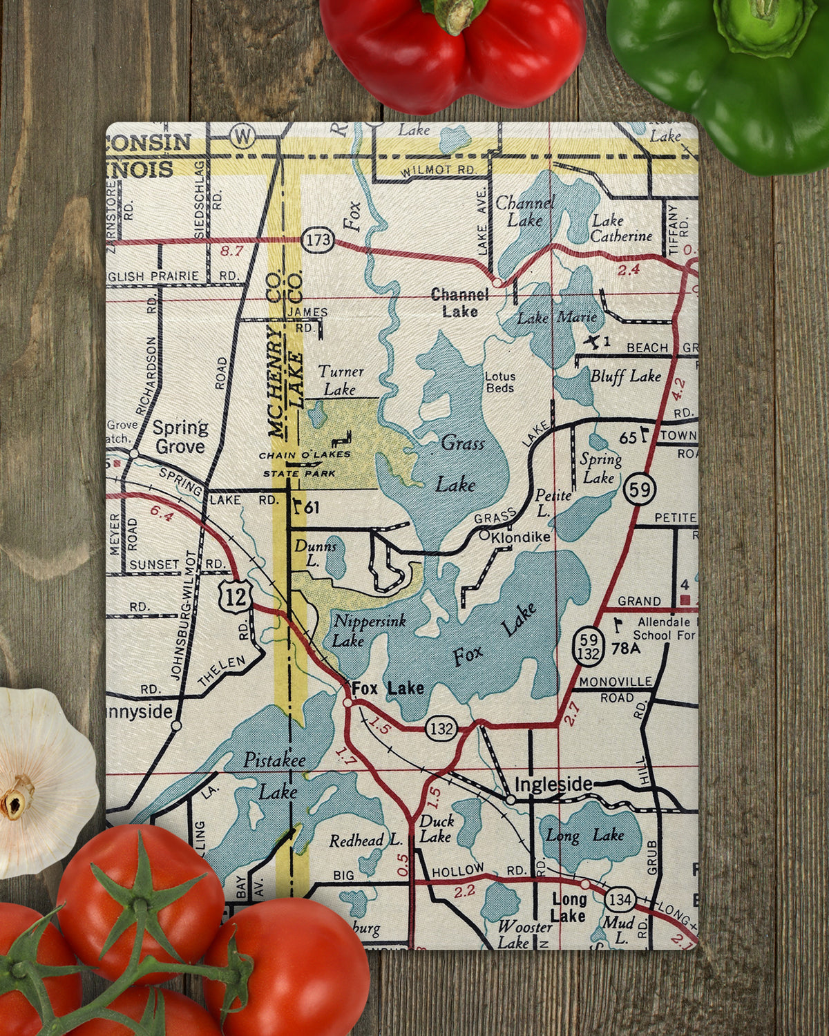 Chain O'Lakes Fox Lake Illinois Vintage Map Glass Cutting Board | Lake House Gift