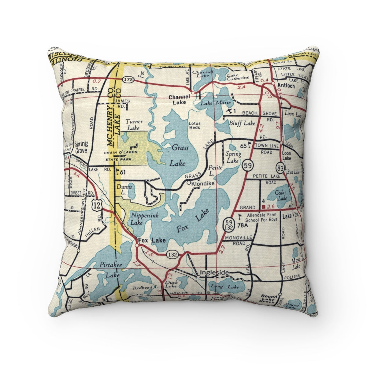 Chain o' Lakes Illinois vintage map pillow