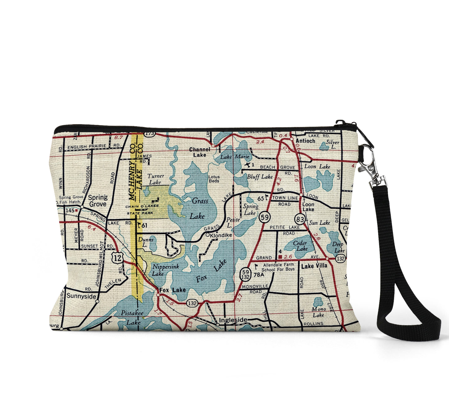 Chain o Lakes Illinois map wristlet travel pouch