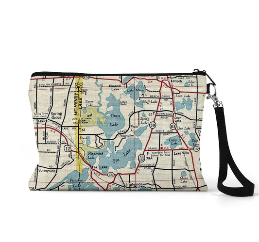 Chain o Lakes Illinois map wristlet travel pouch