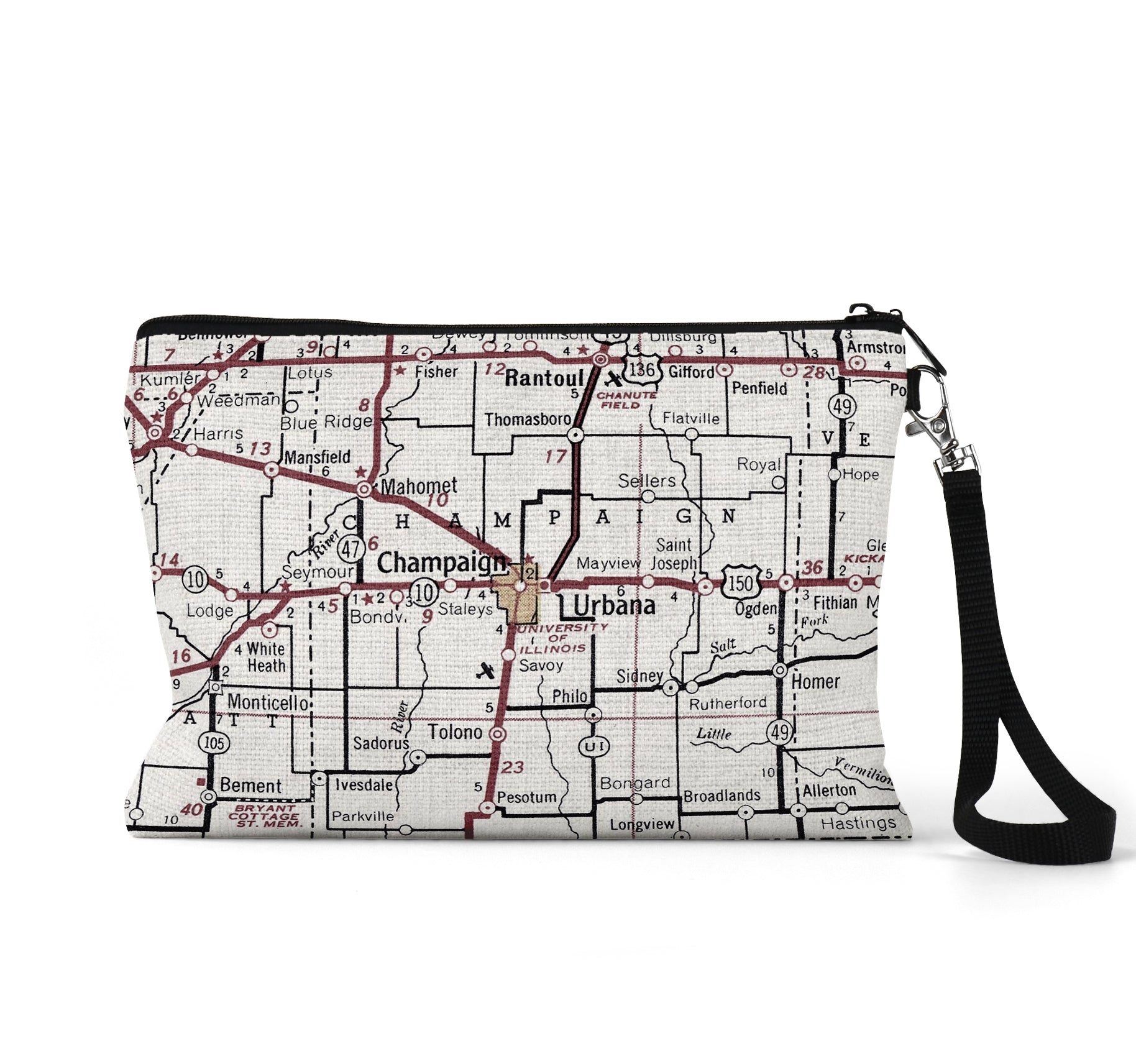 Champaign Illinois map wristlet travel pouch