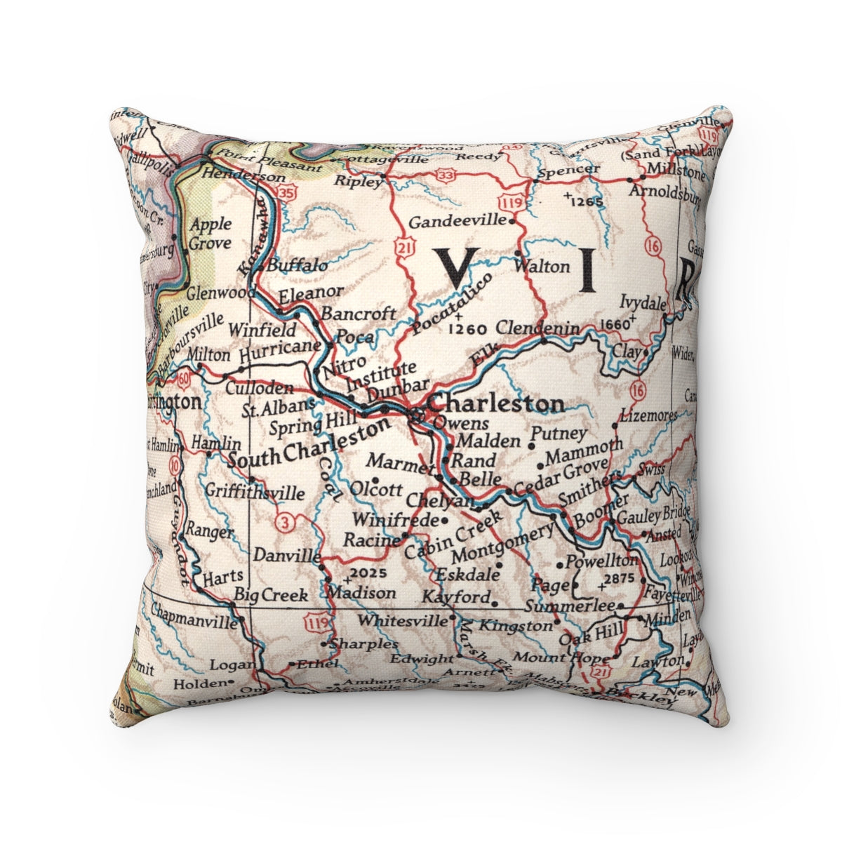 Charleston West Virginia vintage map pillow