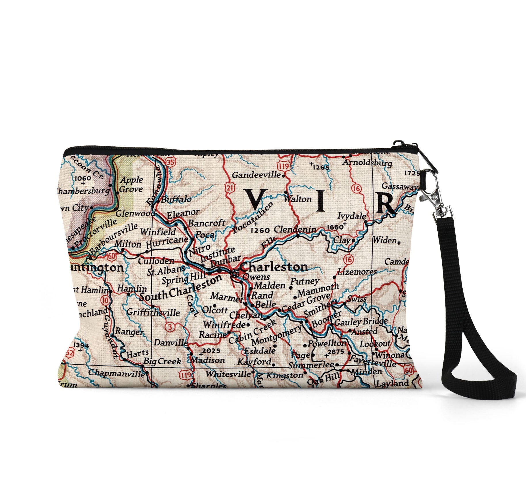 Charleston West Virginia map wristlet travel pouch