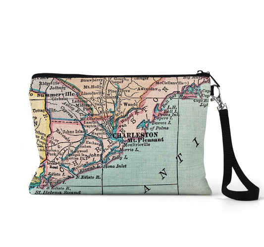 Charleston South Carolina map wristlet travel pouch