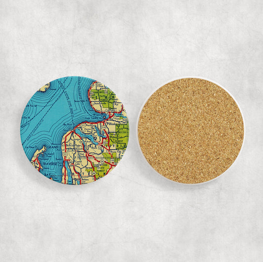 Charlevoix Michigan Vintage Map Coasters Set of 4 | Lake Charlevoix Cork Back Coasters | Coastal Lake House Decor