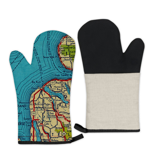 Charlevoix Michigan Vintage Map Oven Mitt | Lake Charlevoix Kitchen Decor | Coastal Cottage Oven Mitt