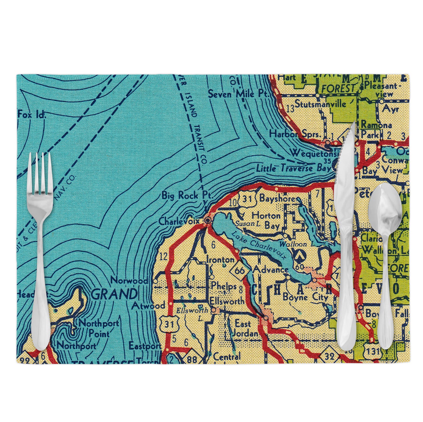 Charlevoix Michigan Vintage Map Placemats Set of 4 | Lake Charlevoix Table Decor | Coastal Cottage Dining