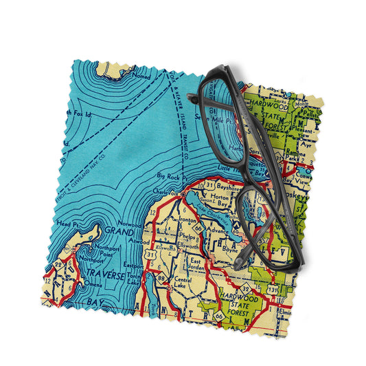 Charlevoix Michigan Vintage Map Lens Cloth | Lake Charlevoix Glasses Cleaner | Travel Eyeglass Cloth