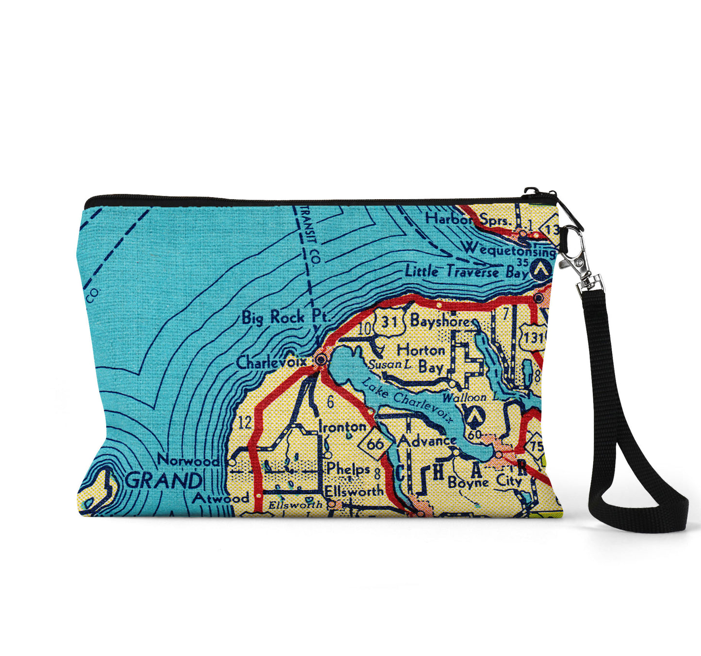 Charlevoix Michigan Vintage Map Wristlet | Lake Charlevoix Travel Pouch | Zipper Clutch with Strap