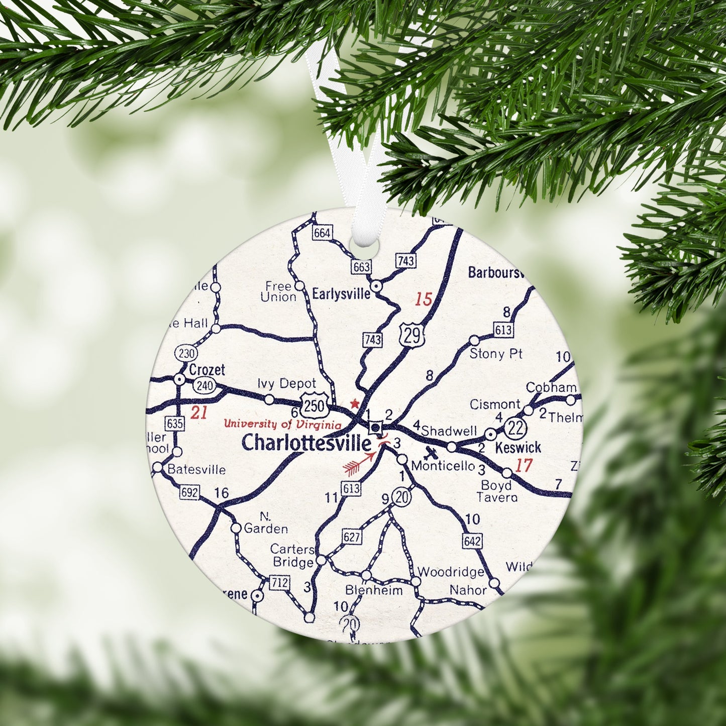 Charlottesville Virginia Vintage Map Ornament