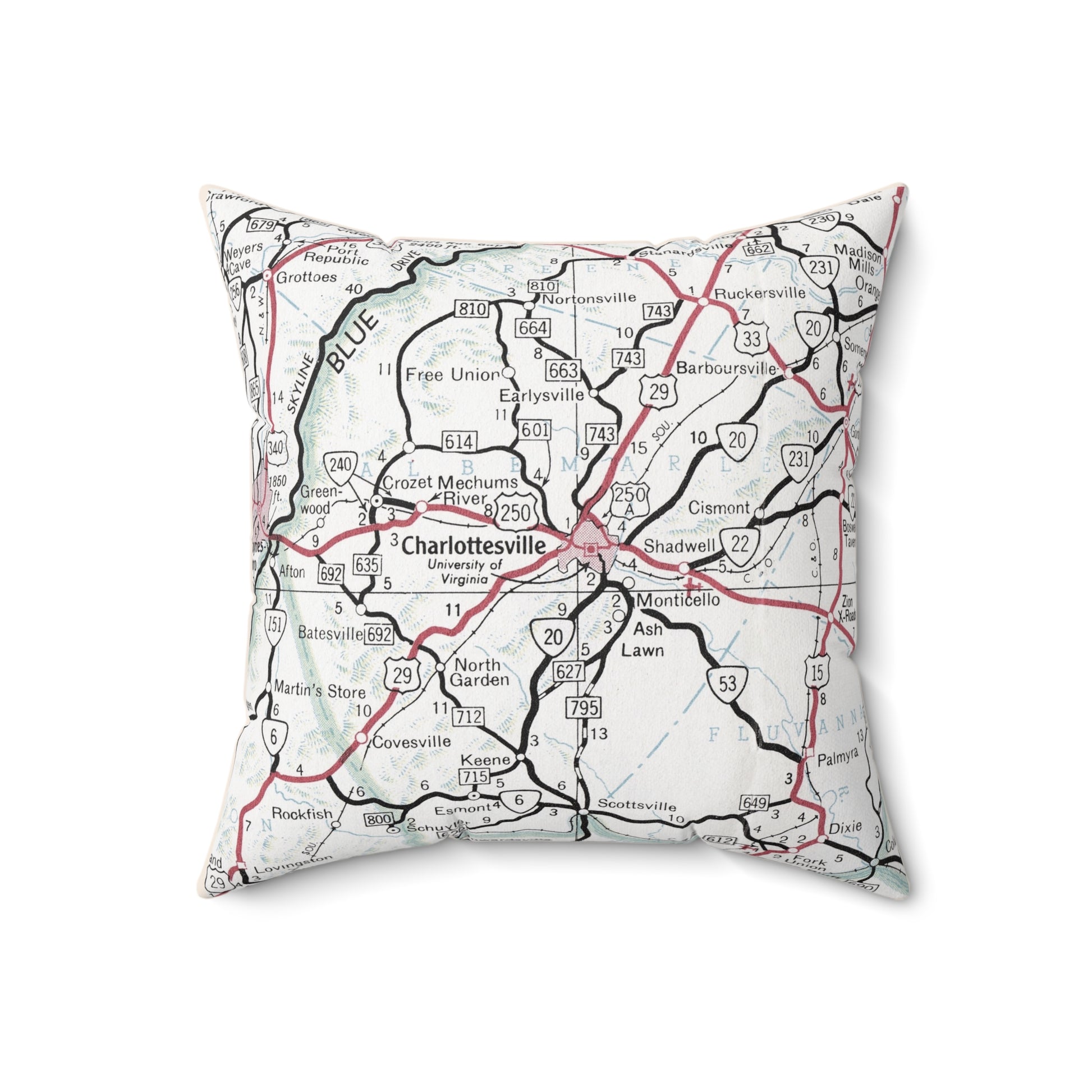 Charlottesville Virginia vintage map pillow