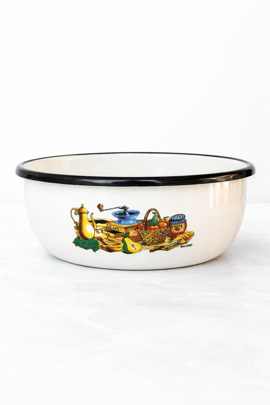 Vintage Enamel Mixing Bowl with Colorful Details