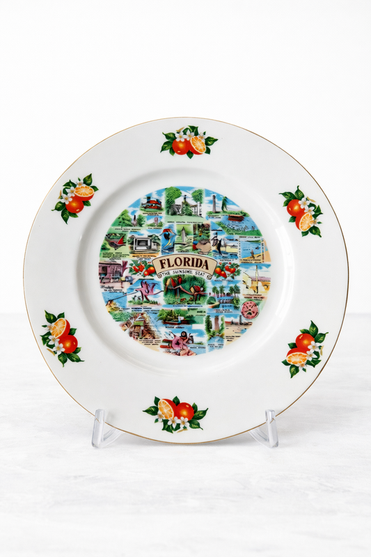 Vintage Florida Souvenir Plate – Sunshine State Landmark Collage with Orange Motif