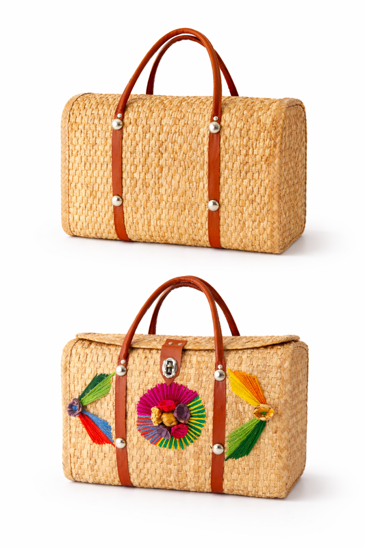 Vintage Handwoven Mexican Straw Bag with Leather Handles & Embroidery