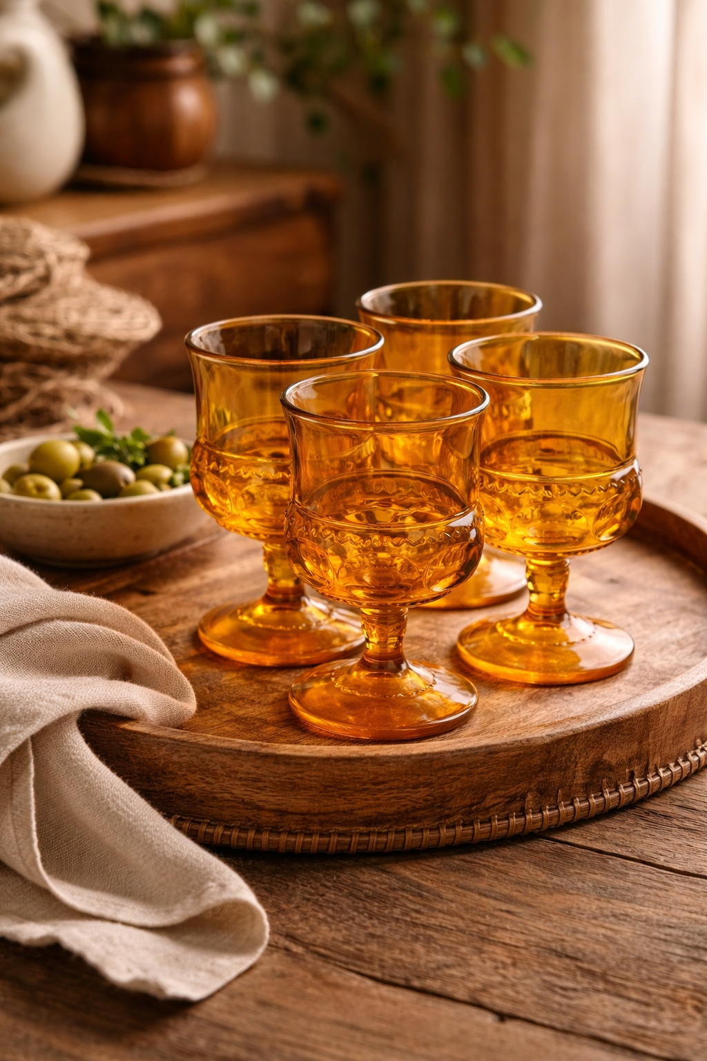 Set of 4 Vintage Indiana Glass Kings Crown Amber Goblets | Thumbprint Glassware