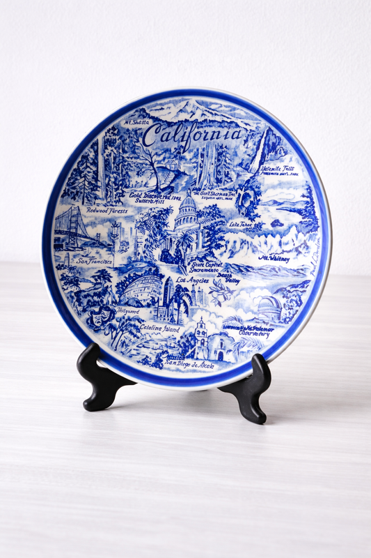 Vintage California Souvenir Plate | Blue & White Scenic Map Design