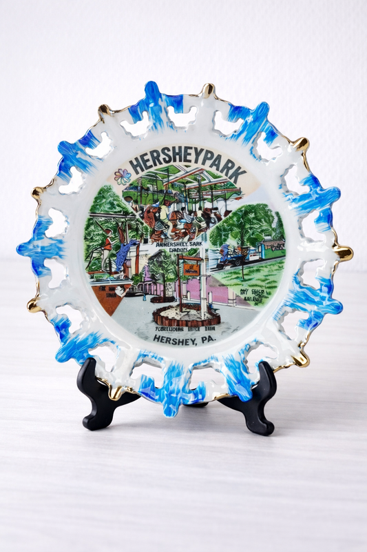Vintage Hersheypark Souvenir Plate – Hershey Park Pennsylvania Decor with Blue & Gold Trim, Reticulated Edge, Collectible Travel Gift Dish
