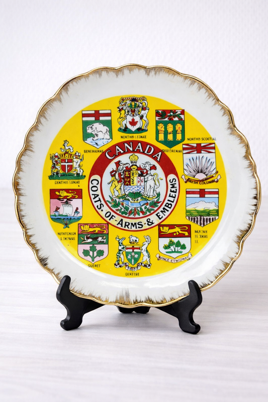 Vintage Canada Souvenir Plate – Provincial & Territorial Coats of Arms, Yellow Background, Gold Trim, Decorative Collector's Wall Art