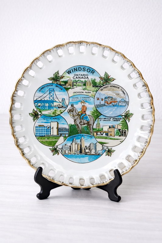 Vintage Windsor Ontario Canada Souvenir Plate – Decorative Collector Plate with Gold Lattice Rim, Detroit Skyline & Landmarks