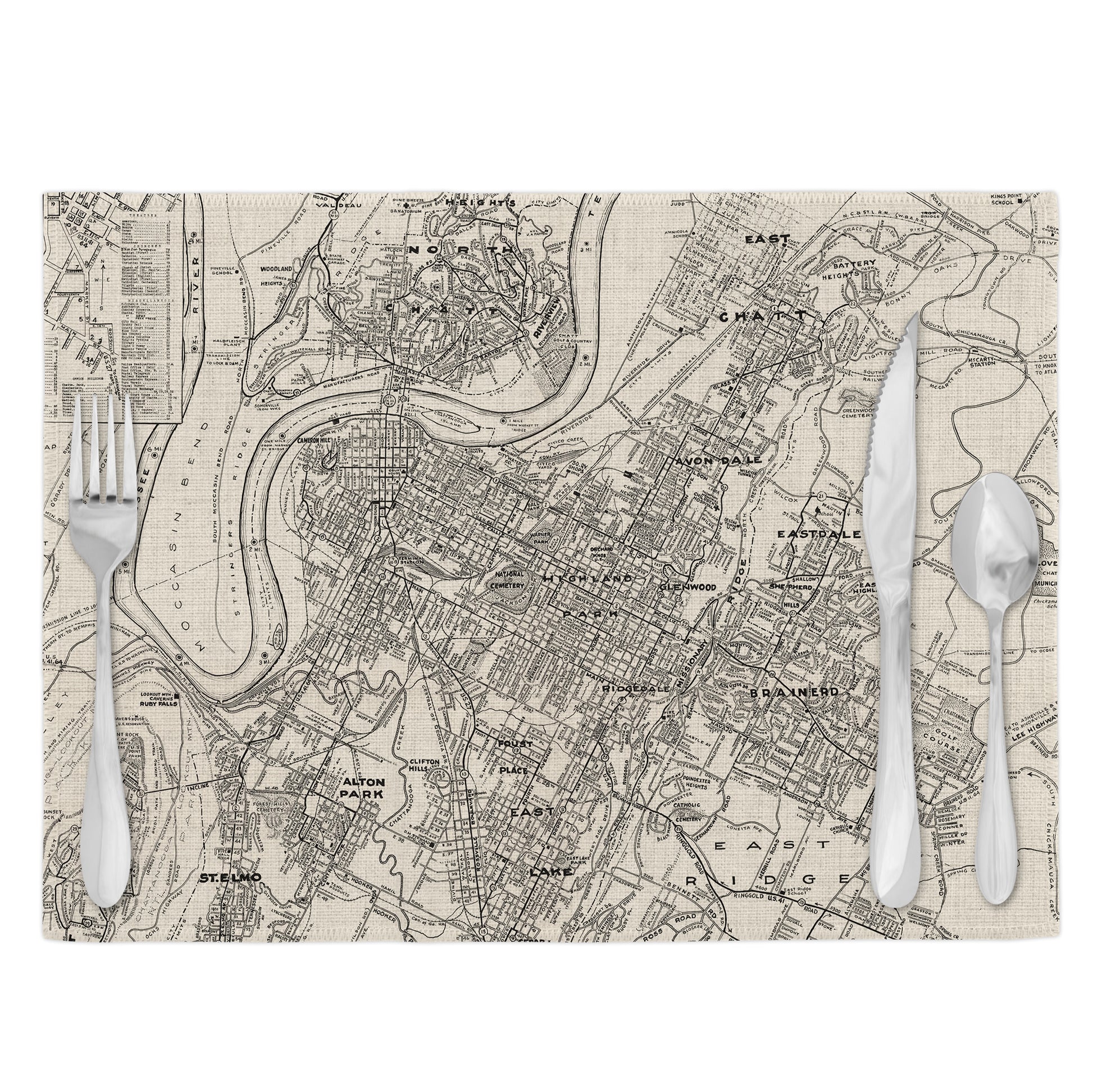 Chattanooga Tennessee Vintage Map Placemats Set of 4