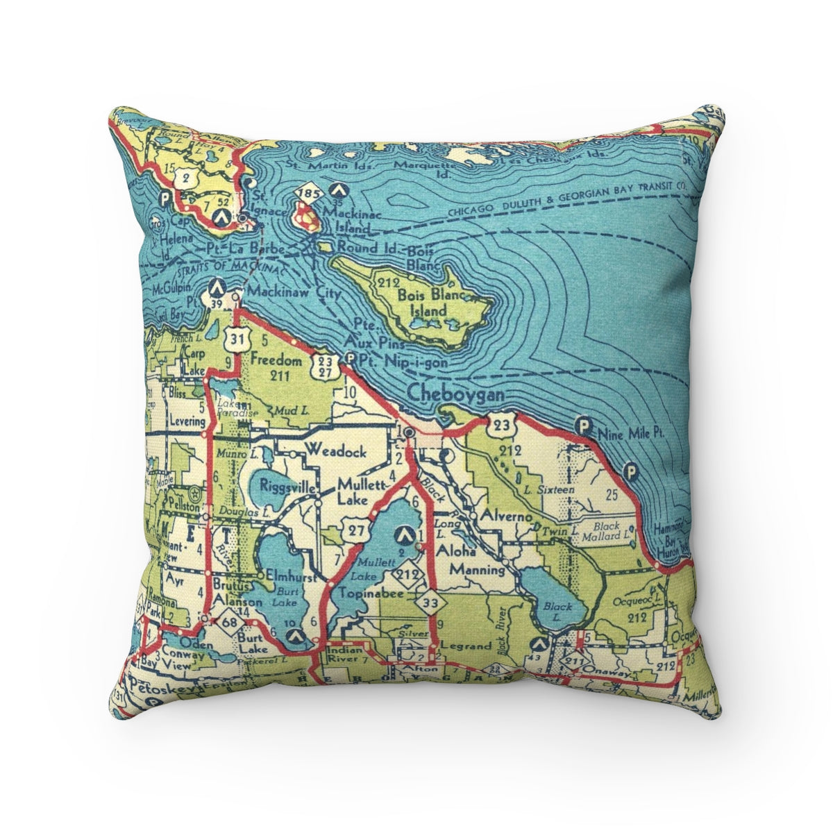 Cheboygan Michigan vintage map pillow