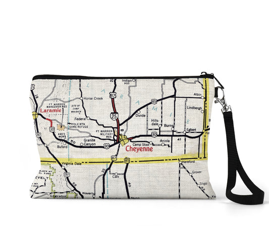Cheyenne Wyoming map wristlet travel pouch