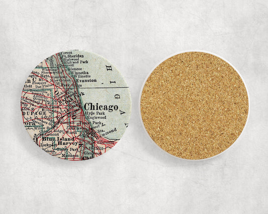 Chicago Map Coasters | Set of 4 Vintage Chicago Drink Coasters | Travel-Inspired Home Decor