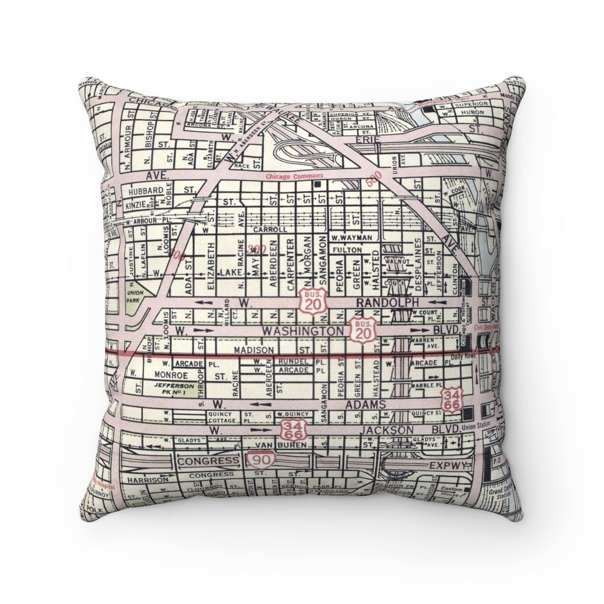 Chicago West Loop vintage map pillow