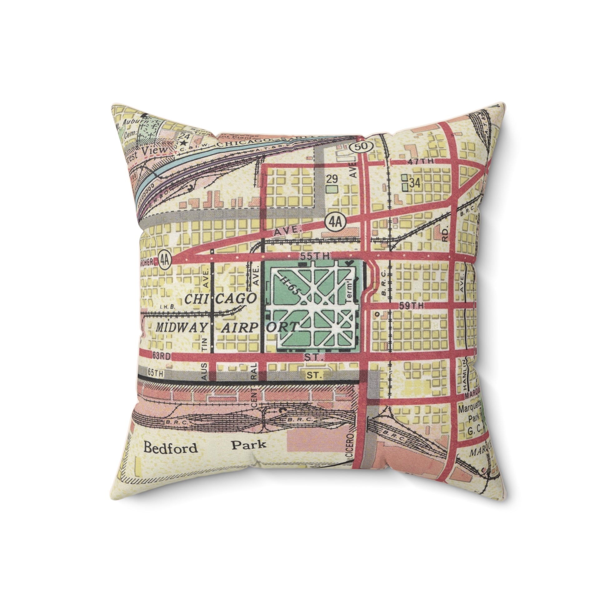 Chicago Midway Airport vintage map pillow