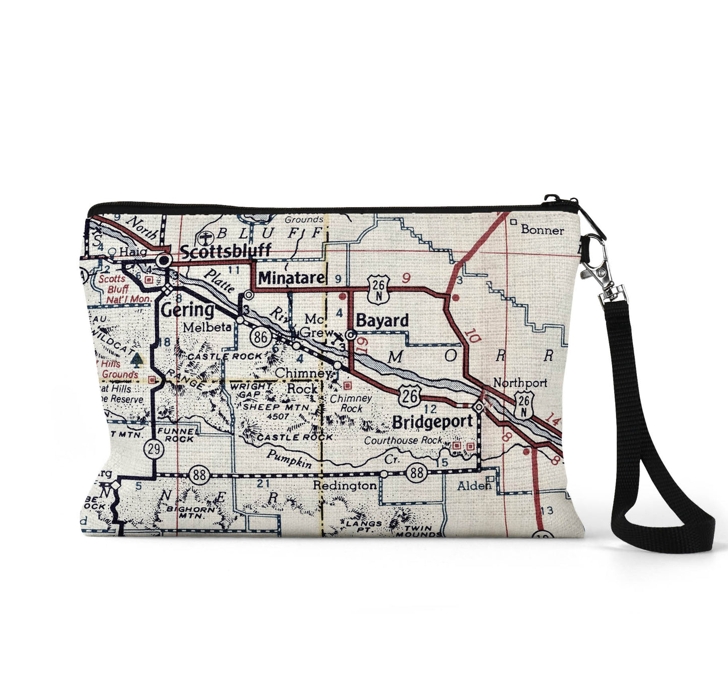 Chimney Rock Nebraska map wristlet travel pouch