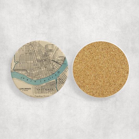 Cincinnati Ohio Map Coasters | Set of 4 Vintage Cincinnati Ohio Drink Coasters | Travel-Inspired Home Decor