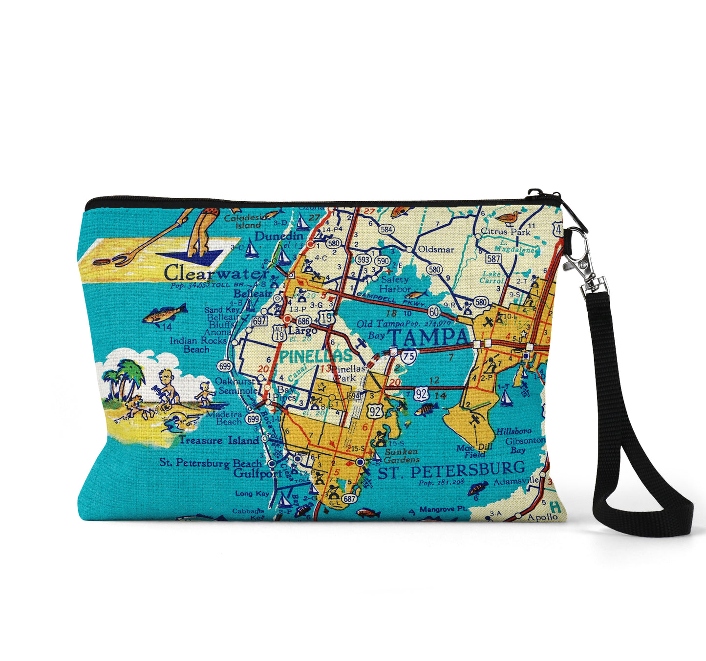 Clearwater Florida map wristlet travel pouch
