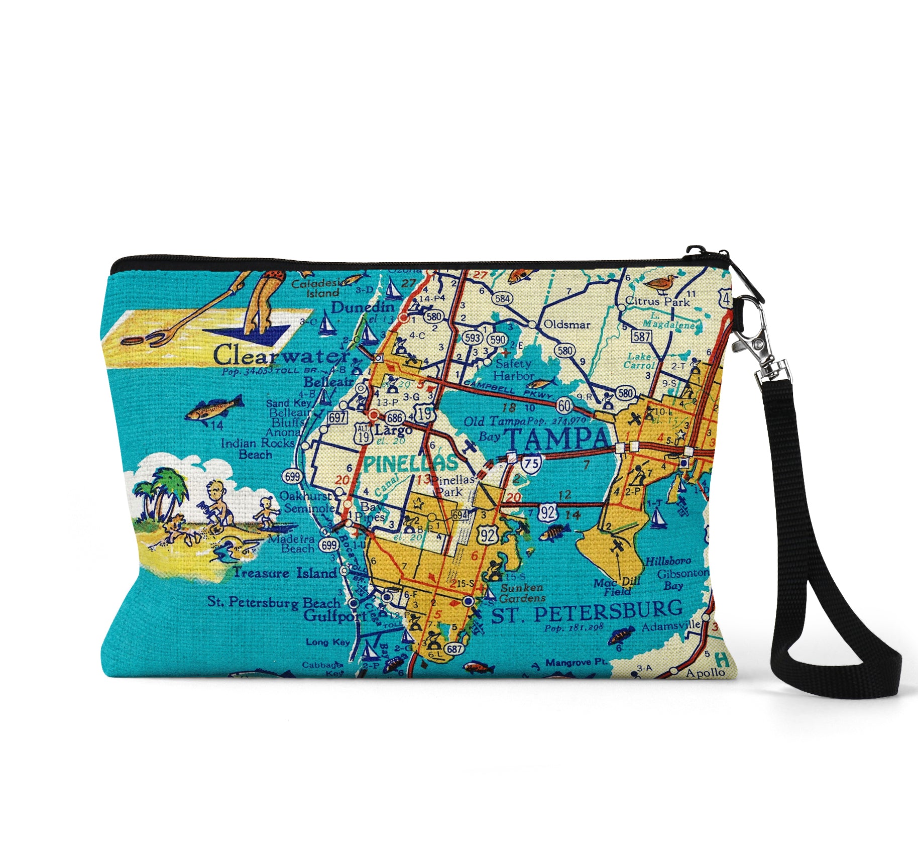 Clearwater Florida map wristlet travel pouch