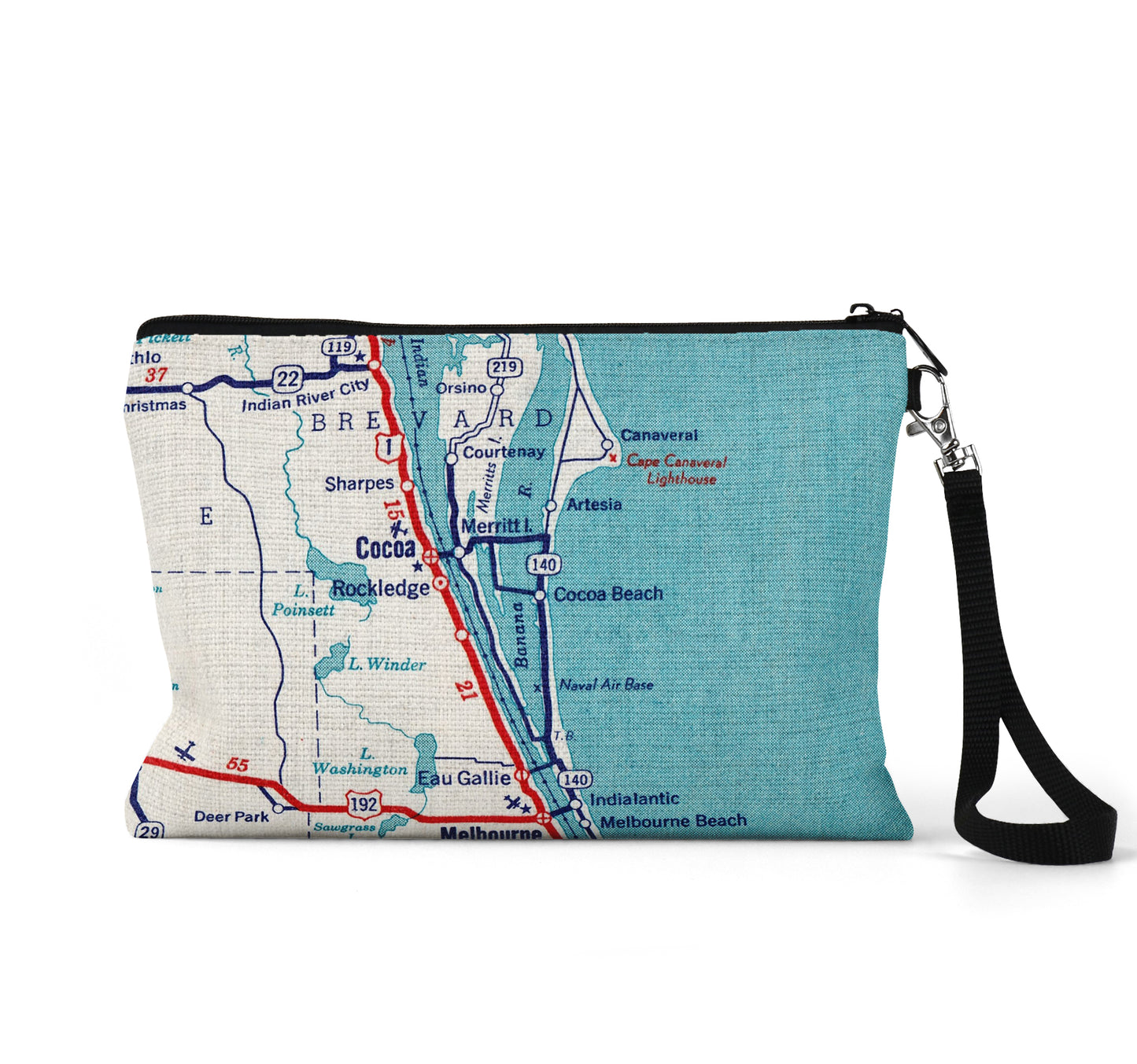 Cocoa Beach Florida map wristlet travel pouch