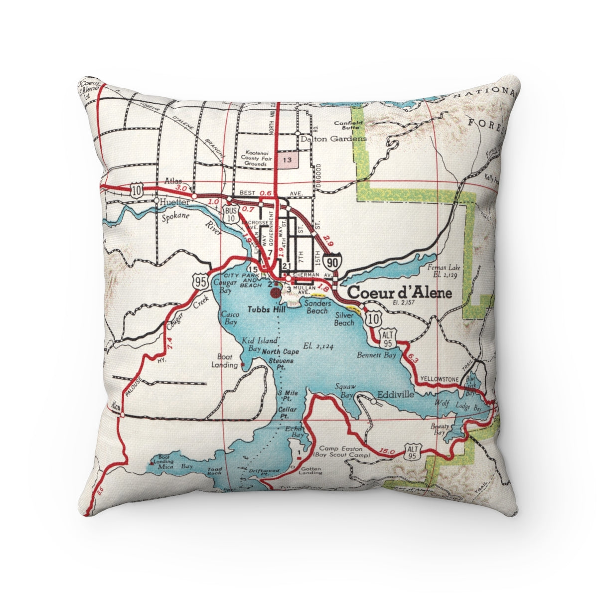 Coeur d'Alene Idaho vintage map pillow