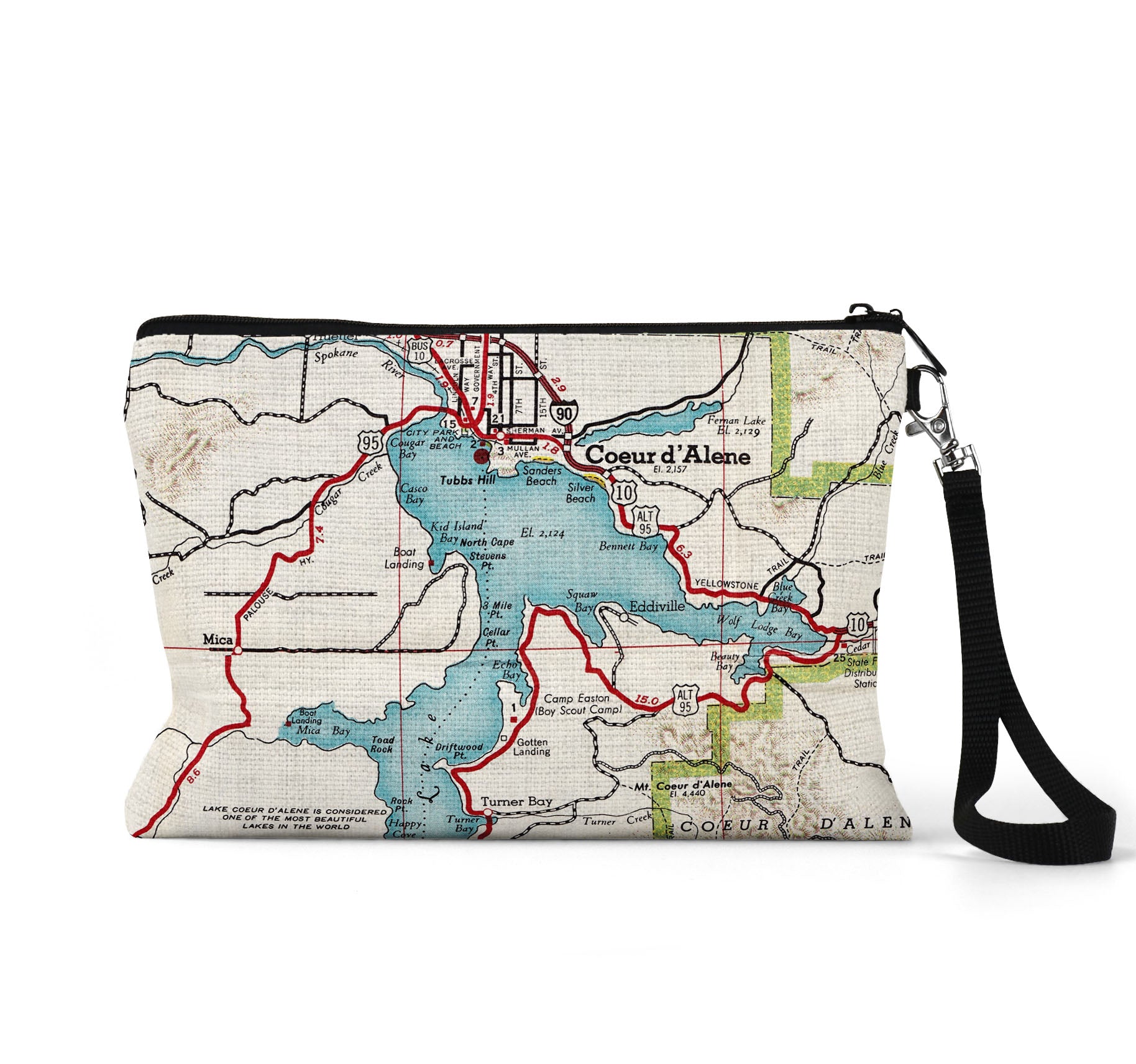Coeur d'Alene Idaho map wristlet travel pouch