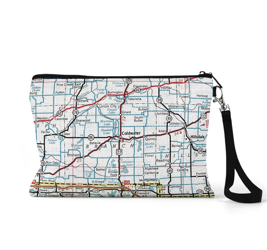 Coldwater Michigan map wristlet travel pouch