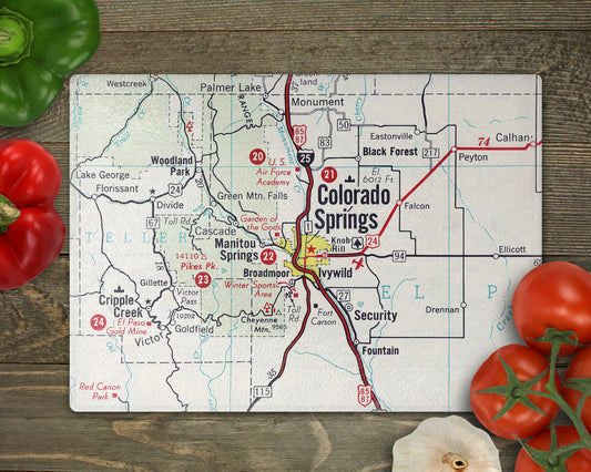Colorado Springs Colorado vintage map glass cutting board