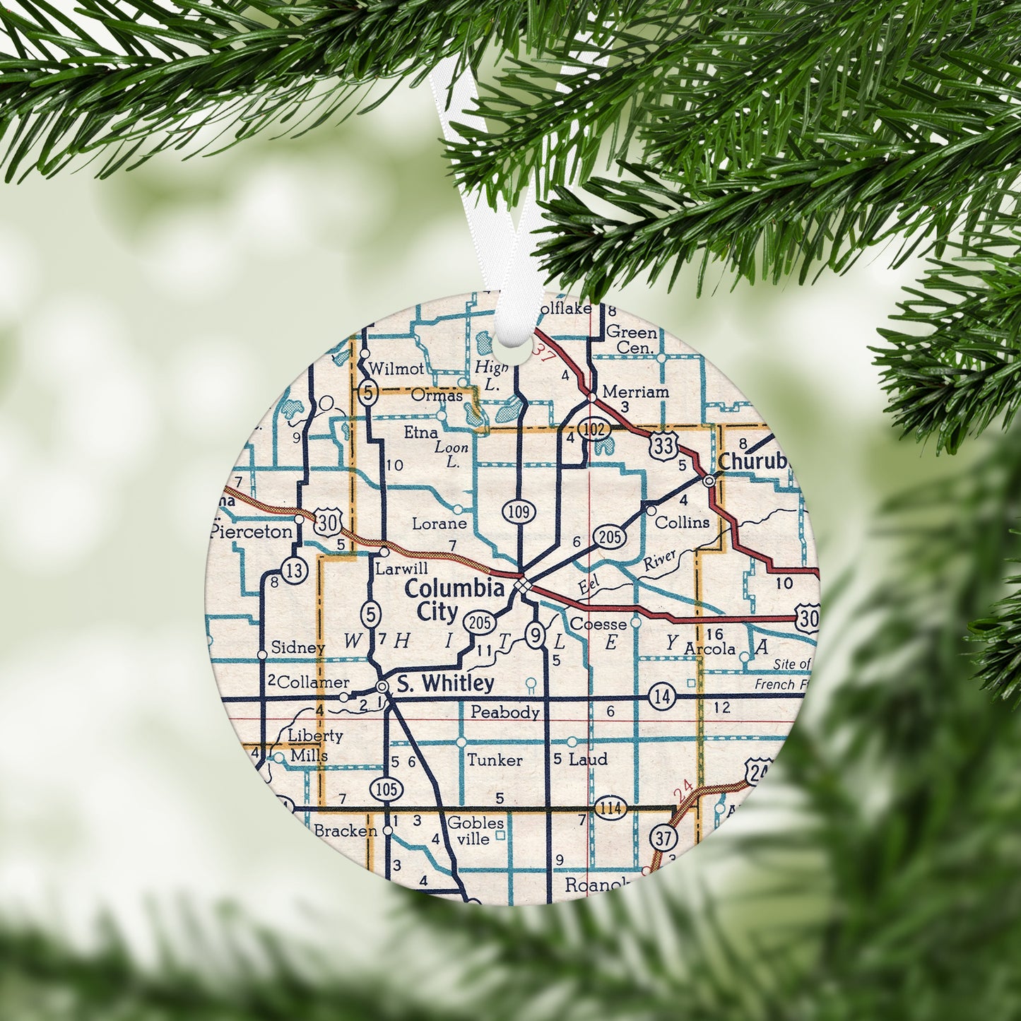 Columbia City Indiana Vintage Map Ornament