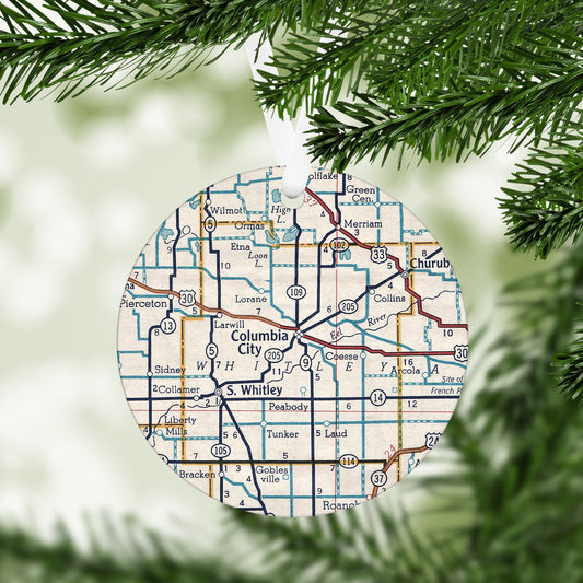 Columbia City Indiana Vintage Map Ornament