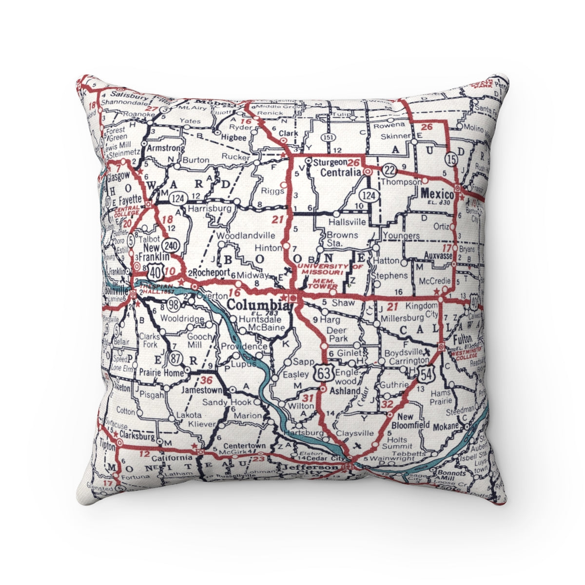 Columbia Missouri vintage map pillow