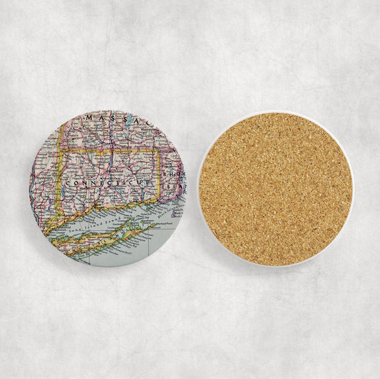 Connecticut Map Coasters | Set of 4 Vintage Connecticut Drink Coasters | Travel-Inspired Home Decor
