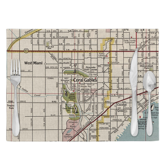 Coral Gables Florida Vintage Map Placemats Set of 4
