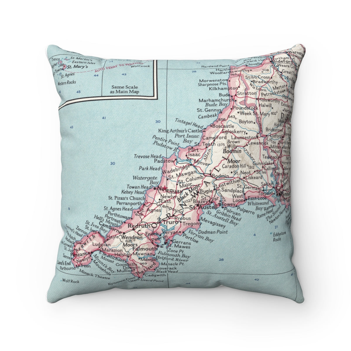 Cornwall England vintage map pillow