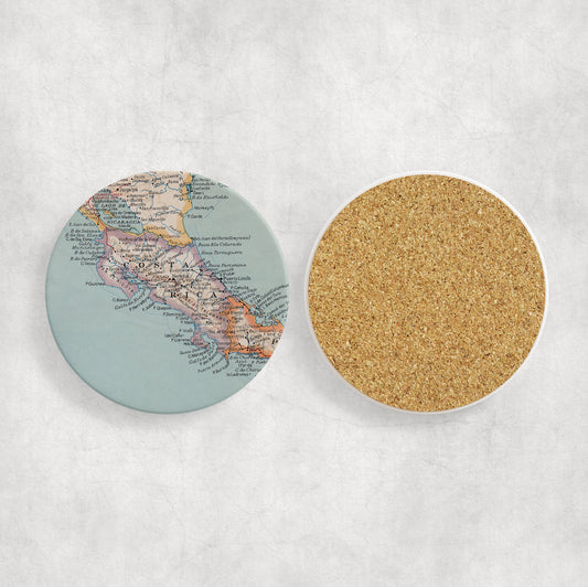 Costa Rica vintage map ceramic coaster with cork backing