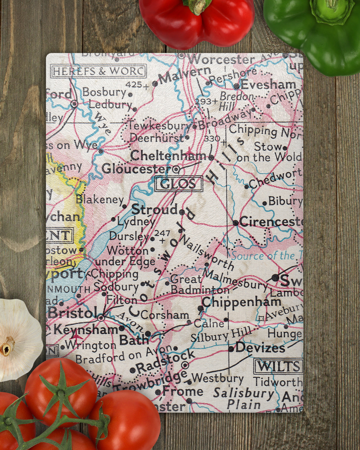 Cotswolds England vintage map glass cutting board