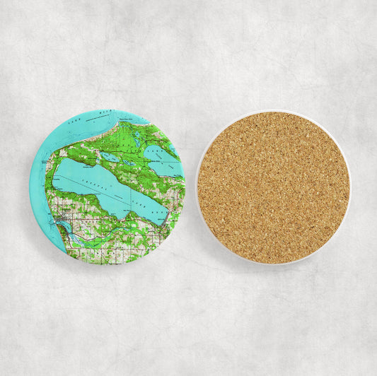 Crystal Lake Michigan Map Coasters | Set of 4 Vintage Crystal Lake Michigan Drink Coasters | Travel-Inspired Home Decor