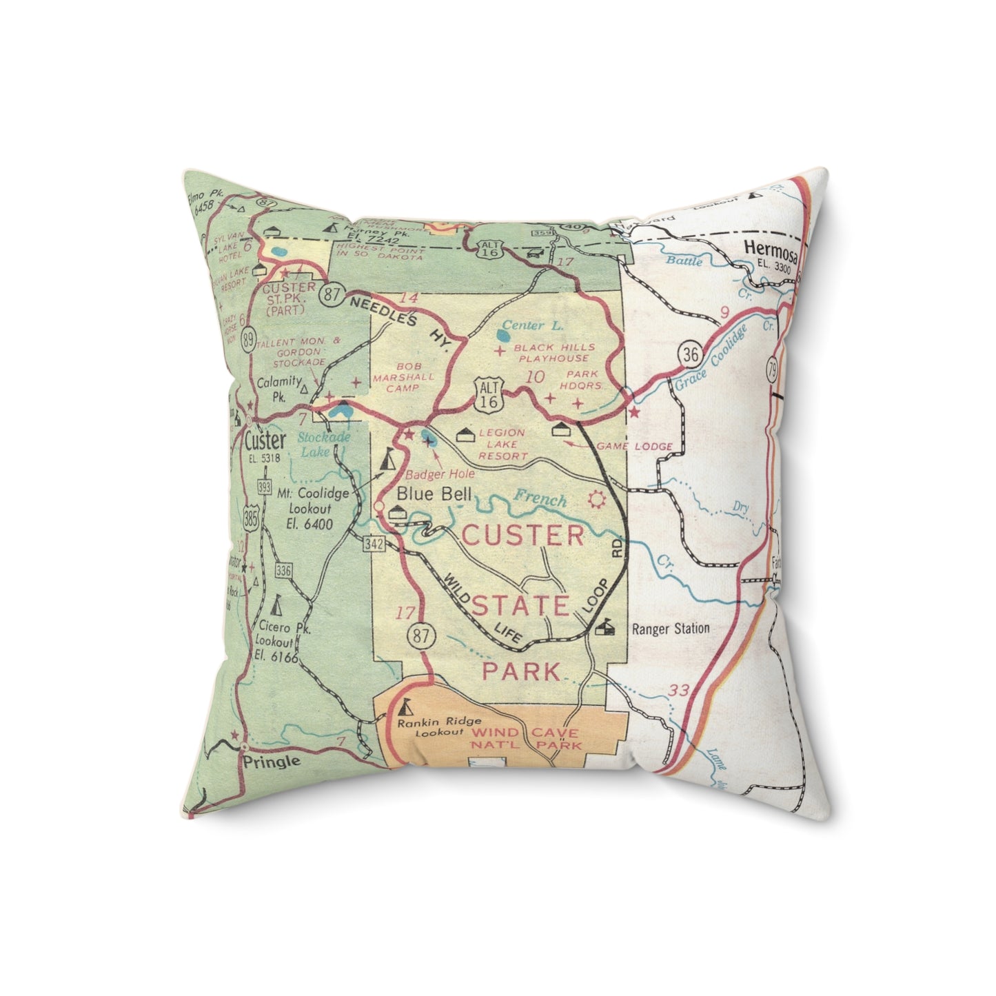 Custer State Park South Dakota vintage map pillow