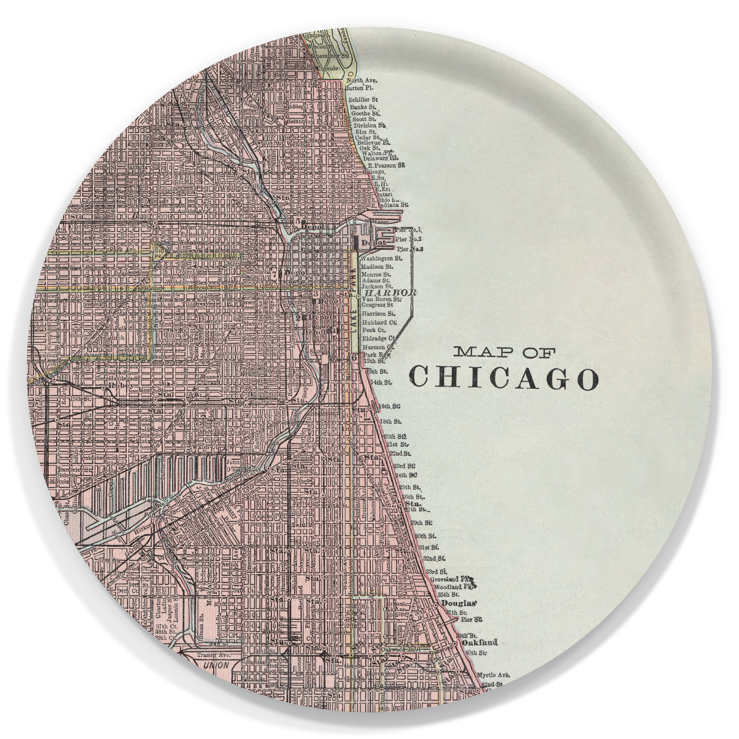 Chicago Vintage Map Tray – 15.5" Round Birchwood Serving Tray