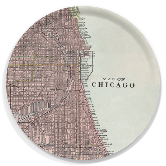 Chicago Vintage Map Tray – 15.5" Round Birchwood Serving Tray
